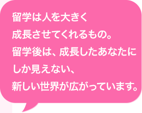 留学は人を大きく成長させてくれるもの。留学後は、成長したあなたにしか見えない、新しい世界が広がっています。