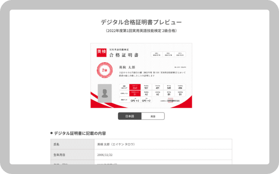 デジタル合格証明書プレビューのページ
