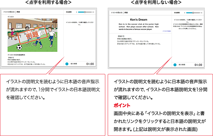 ＜点字を利用する場合＞イラストの説明文を読むように日本語の音声指示が流れますので、1分間でイラストの日本語説明文を確認してください。 ＜点字を利用しない場合＞イラストの説明文を読むように日本語の音声指示が流れますので、イラストの日本語説明文を1分間で確認してください。ポイント 画面中央にある「イラストの説明文を表示」と書かれたリンクをクリックすると日本語の説明文が開きます。(上記は説明文が表示された画面)