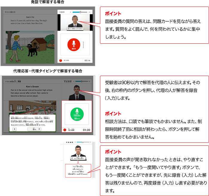 発話で解答する場合 ポイント 面接委員の質問の答えは、問題カードを見ながら答えます。質問をよく読んで、何を問われているかに集中しましょう。 代理応答・代理タイピングで解答する場合 受験者は90秒以内で解答を代理の人に伝えます。その後右の枠内のボタンを押し、代理の人が解答を録音（入力）します。 ポイント 相談方法は、口頭でも筆談でもかまいません。また、制限時間終了前に相談が終わったら、ボタンを押して解答を始めてもかまいません。 ポイント 面接委員の声が聞き取れなかったときは、やり直すことができます。「もう一度聞いてやり直す」ボタンで、もう一度聞くことができますが、先に録音（入力）した解答は残りませんので、再度録音（入力）し直す必要があります。